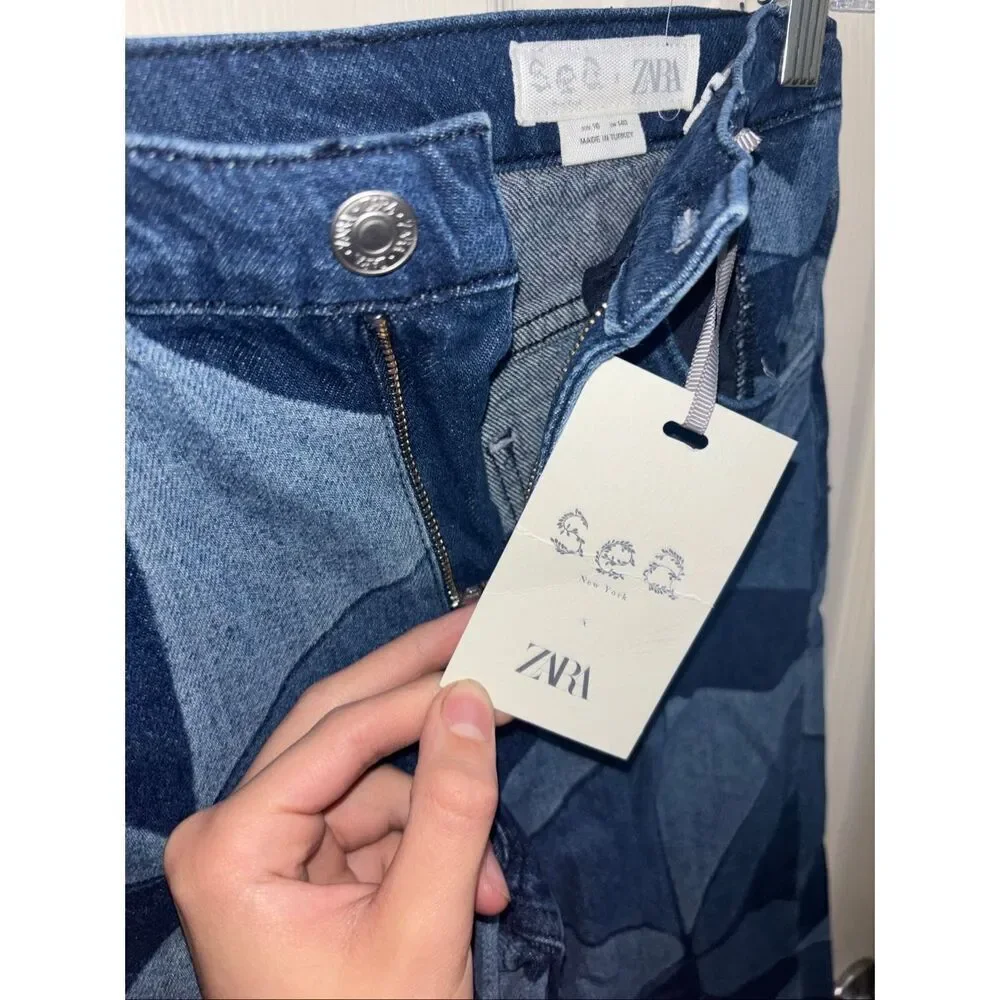 NWT Zara Kids x Sea New York Geometric Print Wide Leg Kids Patchwork Denim Jeans